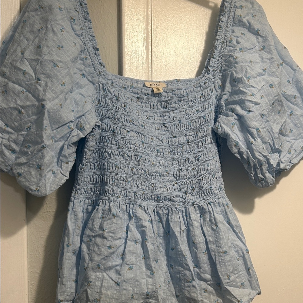 a.n.a Light Blue Smocked Blouse